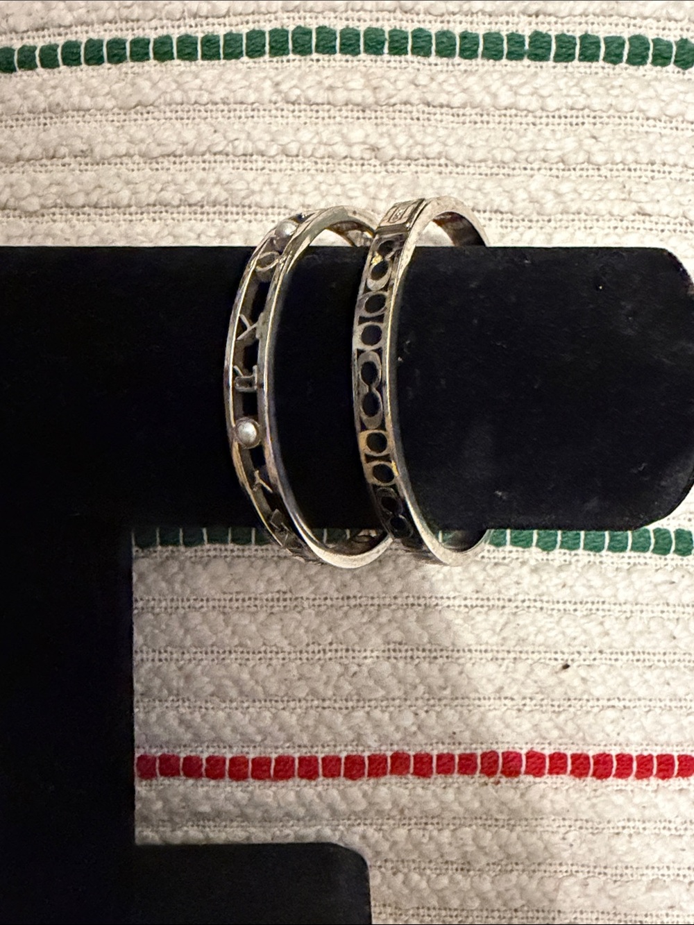 Coach Silver Tone Openwork Bangle Bracelets with Pearl Accent
